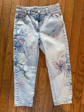 NEXT  Light Wash Jeans with Blue & Pink Hand-Painted Floral Motifs 5YR OLD